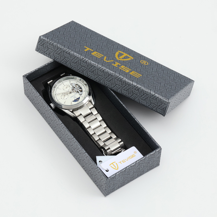 Часы наручные механические мужские, d-4.2 см, с хронографом, 3 АТМ, светящиеся, серебро