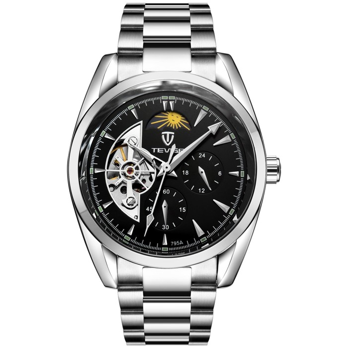 Часы наручные механические мужские, d-4.2 см, с хронографом, 3 АТМ, светящиеся, черные