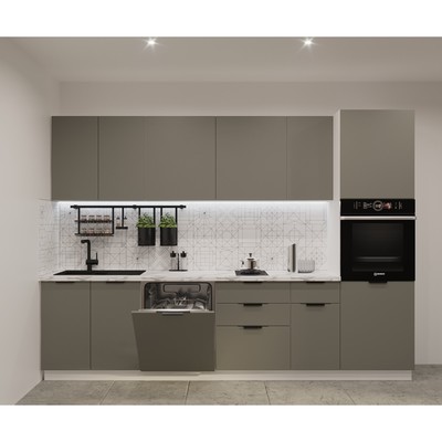 Кухонный гарнитур прямой «ФАСКА 4», 3000×600 мм, цвет белый/обсидиан/мрамор белый