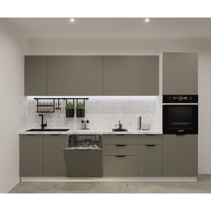 Кухонный гарнитур прямой «ФАСКА 4», 3000×600 мм, цвет белый/обсидиан/мрамор белый - Фото 1