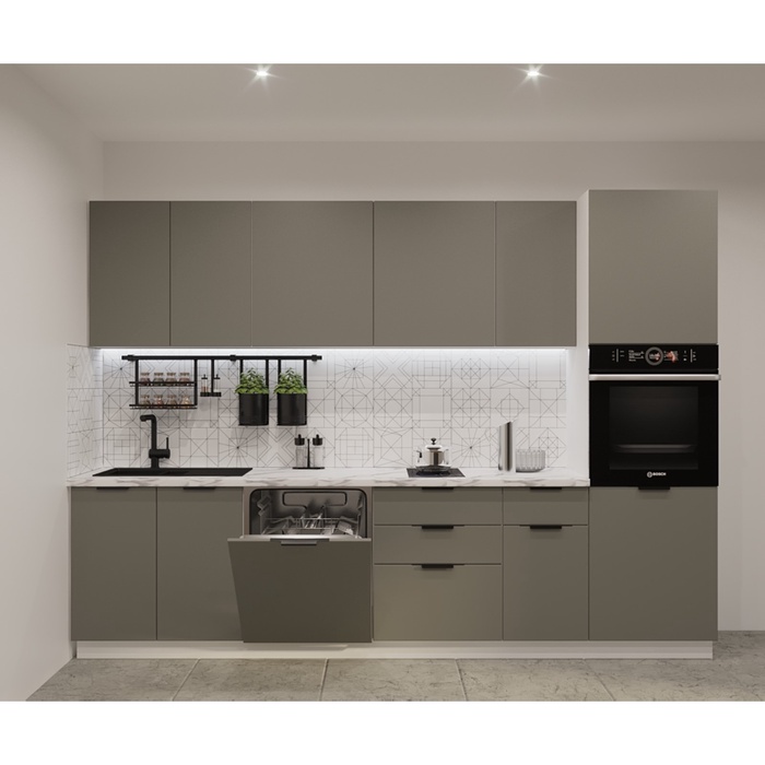 Кухонный гарнитур прямой «ФАСКА 4», 3000×600 мм, цвет белый/обсидиан/мрамор белый - Фото 1