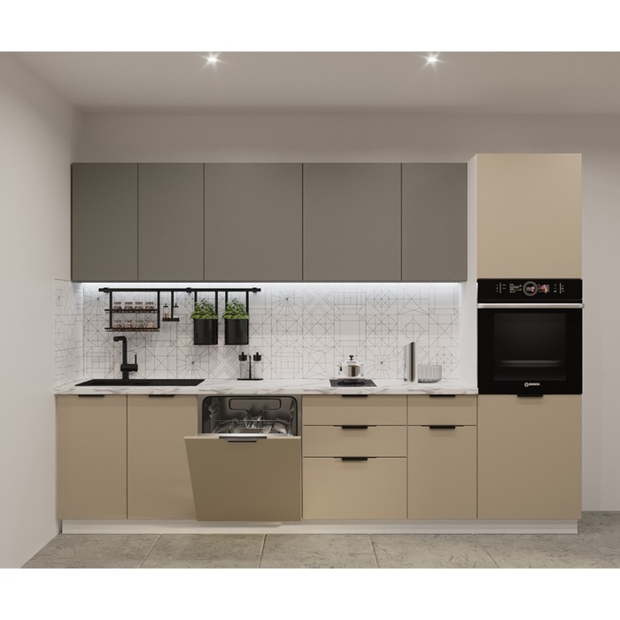 Кухонный гарнитур прямой «ФАСКА 5», 3000×600 мм, цвет белый/пикрит/обсидиан/мрамор - Фото 1