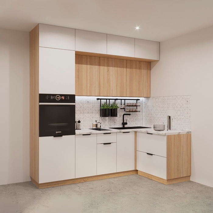 Угловой кухонный гарнитур трехуровневый в потолок арт. 7 ФАСКА Тальк Дуб сонома 2300×1200 - Фото 1