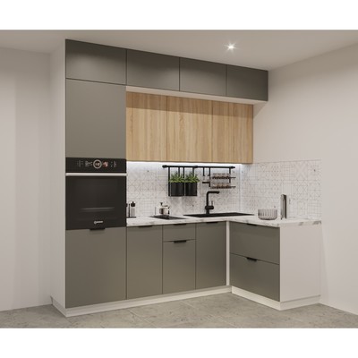 Кухонный гарнитур трехуровневый угловой в потолок «ФАСКА», 2400×1400 мм, цвет обсидиан/дуб сонома