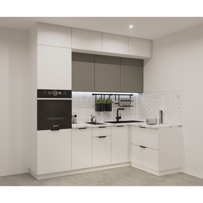 Угловой кухонный гарнитур трёхуровневый в потолок «ФАСКА 9», цвет обсидиан/тальк