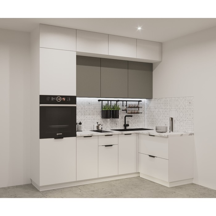 Угловой кухонный гарнитур трёхуровневый в потолок «ФАСКА 9», цвет обсидиан/тальк - Фото 1