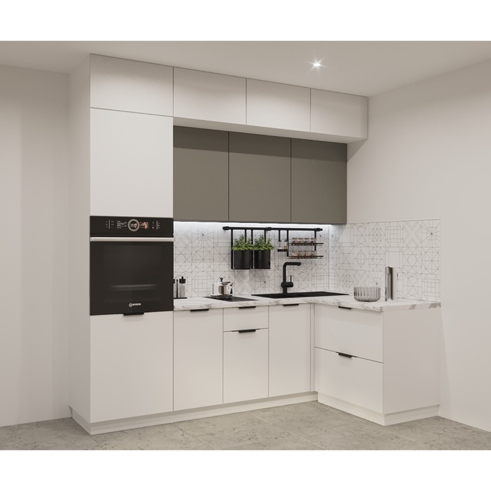 Угловой кухонный гарнитур трёхуровневый в потолок «ФАСКА 9», цвет обсидиан/тальк - Фото 1