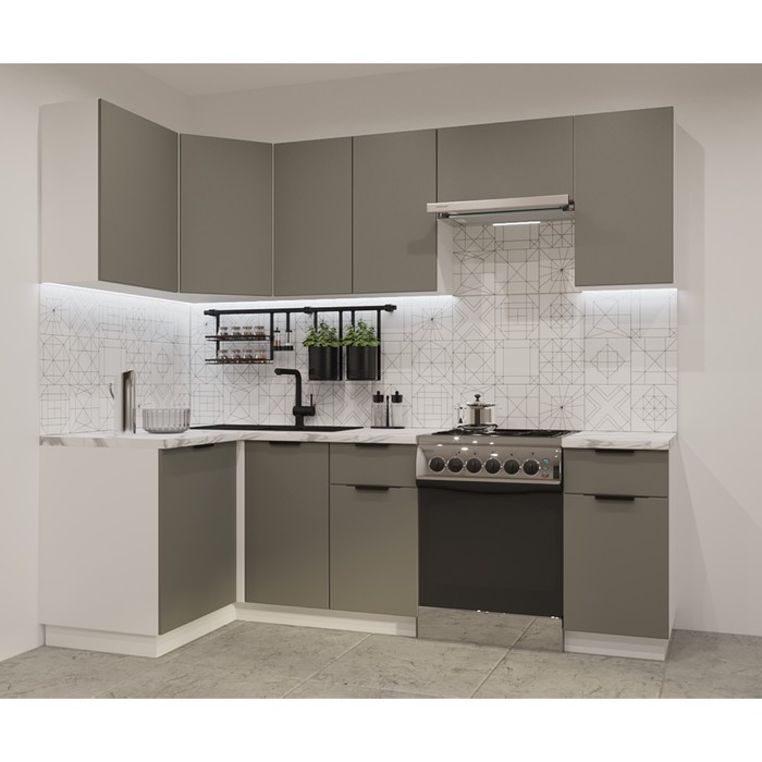 Кухонный гарнитур угловой «ФАСКА 11», 2400×1200 мм, цвет белый/обсидиан/мрамор белый - Фото 1