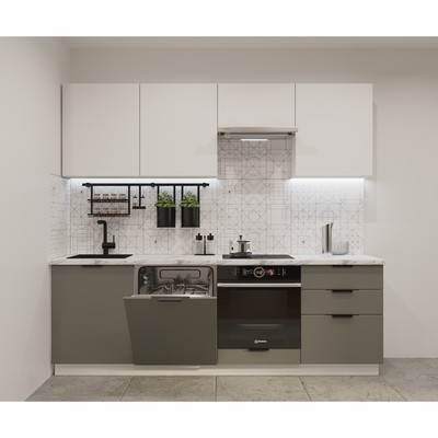 Кухонный гарнитур прямой «ФАСКА 13», 2400×600 мм, цвет белый/тальк/обсидиан/мрамор белый