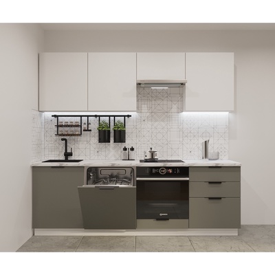 Кухонный гарнитур прямой «ФАСКА 13», 2400×600 мм, цвет белый/тальк/обсидиан/мрамор белый