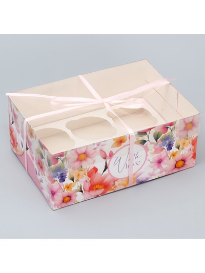 Коробка для капкейка, кондитерская упаковка, 6 ячеек «Нежность» 23 х 16 х 10 см