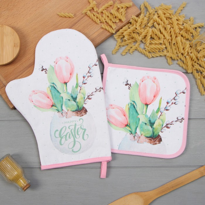 Кухонный набор «Этель. Тюльпаны»: варежка-прихватка 20×28 см, прихватка 19×19 см, 100% хлопок - Фото 1