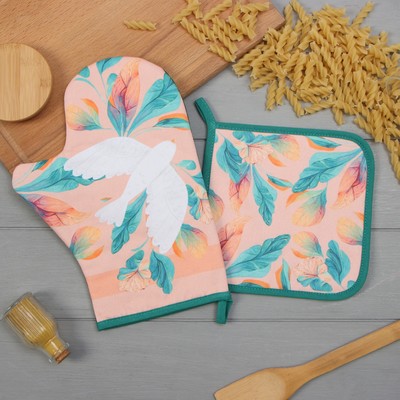 Кухонный набор «Этель. Птичка»: варежка-прихватка 20×28 см, прихватка 19×19 см, 100% хлопок