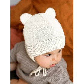 Шапочка на завязках с ушками детская Amarobaby Pure Love Bear Winter, утеплённая, размер 40-42 см, цвет молочный