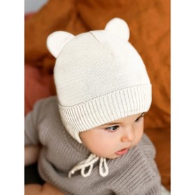 Шапочка на завязках с ушками детская Amarobaby Pure Love Bear Winter, утеплённая, размер 46-48 см, цвет молочный