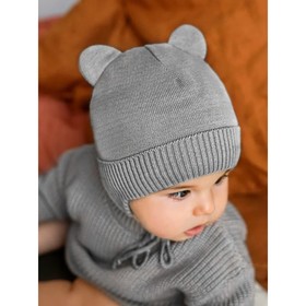 Шапочка на завязках с ушками детская Amarobaby Pure Love Bear Winter, утеплённая, размер 42-44 см, цвет серый