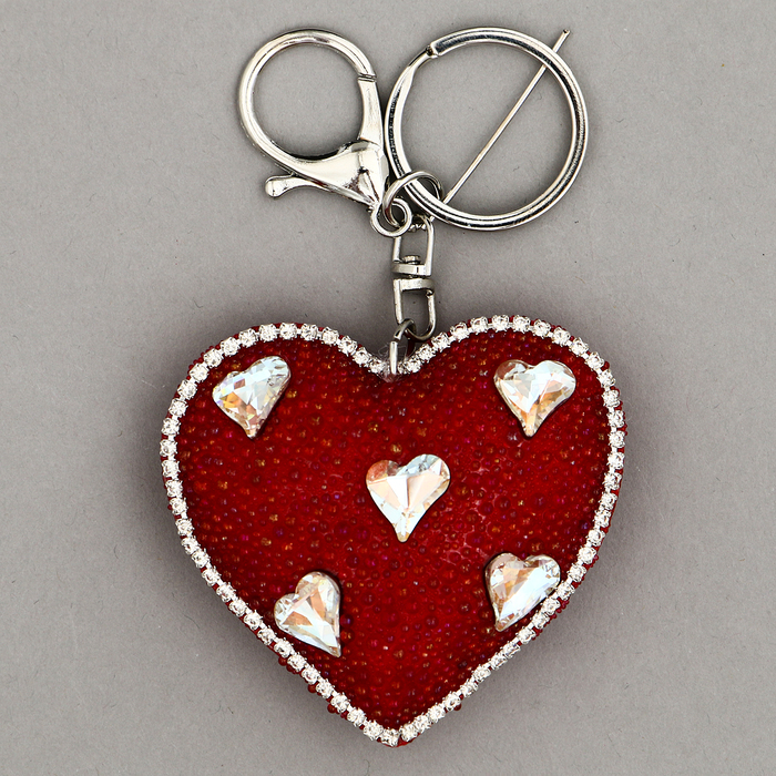 Мягкая игрушка "Объемное сердце" со стразами, на брелоке, 7 см, цвет красный - Фото 1