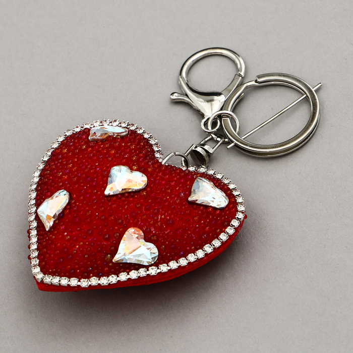 Мягкая игрушка "Объемное сердце" со стразами, на брелоке, 7 см, цвет красный