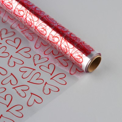 Плёнка для цветов упаковочная глянцевая прозрачная «Сердца», красные, 0.6×10 м