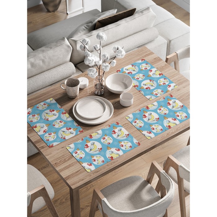 Комплект салфеток для сервировки стола «Синицы на ветке», прямоугольные, закруглённые края, размер 30х46 см, 4 шт