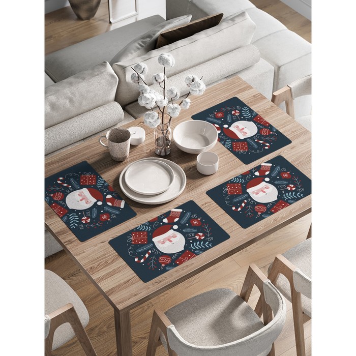 Комплект салфеток для сервировки стола «Счастливый Дед Мороз», прямоугольные, закруглённые края, размер 30х46 см, 4 шт - Фото 1