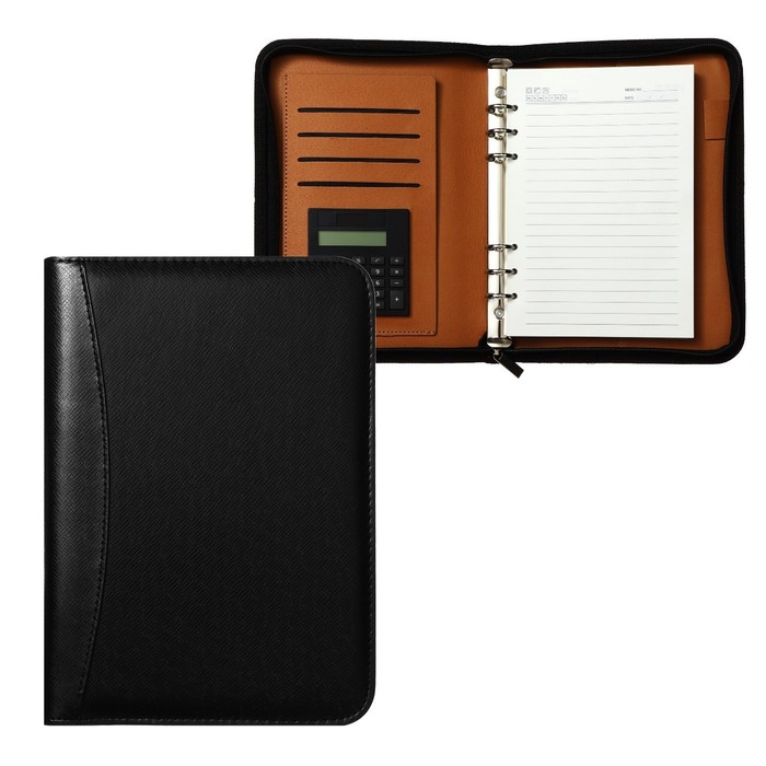 УЦЕНКА Органайзер на кольцах А5, 100 листов в линейку, с калькулятором, на молнии, чёрный - Фото 1