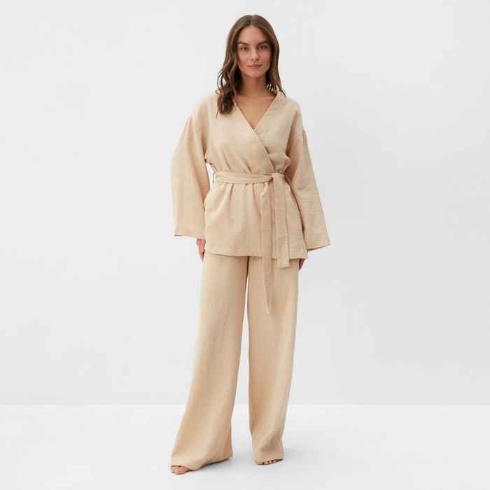 Комплект домашний женский (рубашка на запах, брюки) KAFTAN Basic размер 48-50, бежевый - Фото 1