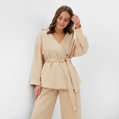 Комплект домашний женский (рубашка на запах, брюки) KAFTAN Basic, размер 48-50, бежевый