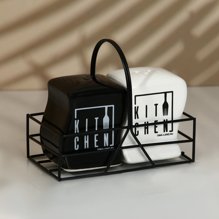 Набор керамический для специй на металлической подставке Kitchen, 2 шт, цвет белый-чёрный - Фото 1