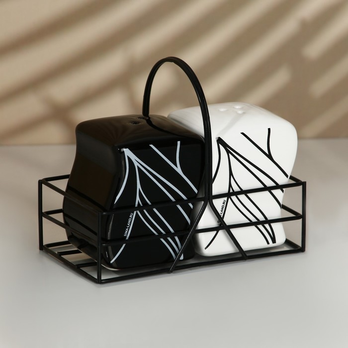 Набор керамический для специй на металлической подставке «Линии», 2 шт, цвет белый-чёрный - Фото 1