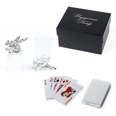 Набор подарочный 3 в 1 «Гриндер»: 2 рюмки по 30 мл, колода пластиковых карт, стекло, металл, серебристый