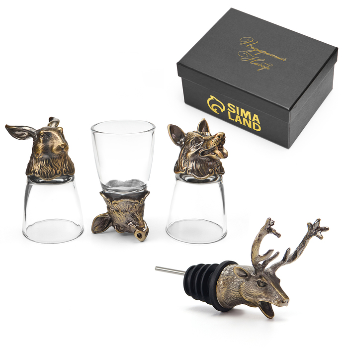 Подарочный набор 4 в 1 "Охотнику": 3 рюмки для водки по 30 мл, дозатор - Фото 1