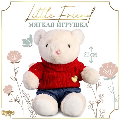 Мягкая игрушка Little Friend, новогодний мишка в красном свитере, 21 см