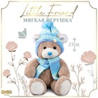 Мягкая игрушка "Little Friend", новогодний мишка в шапке и шарфе, цвет голубой - фото 3137670