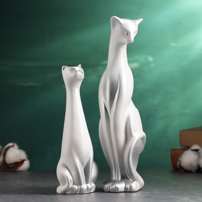Набор фигур "Кошки" белые в серебре, 11х23х6см
