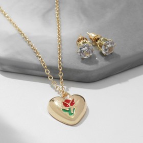Гарнитур 2 предмета: серьги, кулон "Сердце" с цветком внутри, цветной в золоте, 40 см