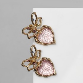 Серьги металл «Сердечки» розовая вставка, цвет золото