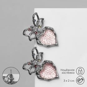 Серьги металл «Сердечки» розовая вставка, цвет серебро