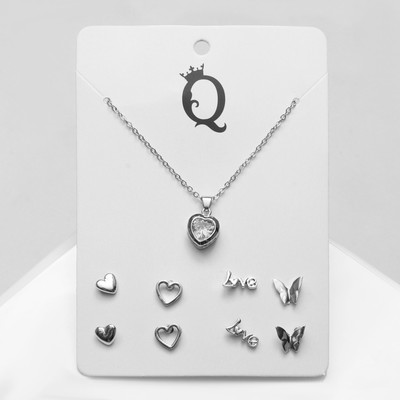 Гарнитур 5 предметов: серьги (4 пары), кулон «Минимал» сердечко, цвет серебро, 40 см