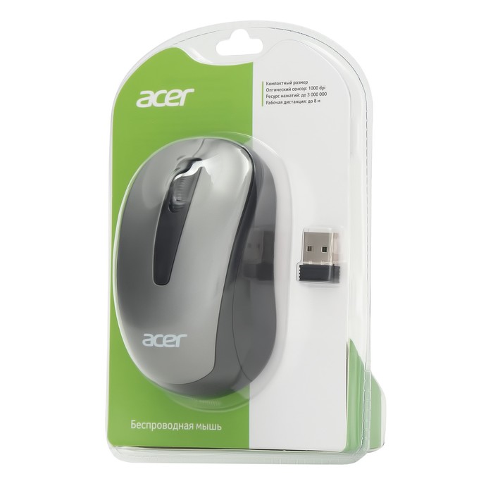 Мышь Acer OMR134 серый оптическая (1000dpi) беспроводная USB для ноутбука (2but) - фото 51512315