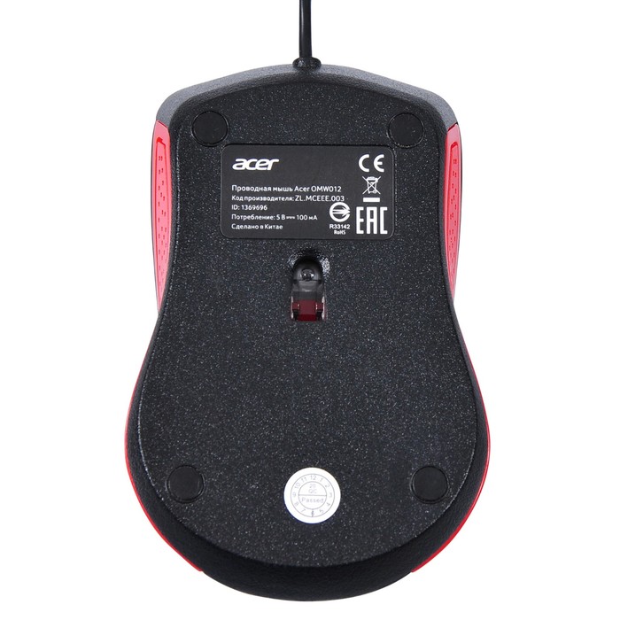 Мышь Acer OMW012 черный/красный оптическая (1200dpi) USB (3but) - фото 51525263