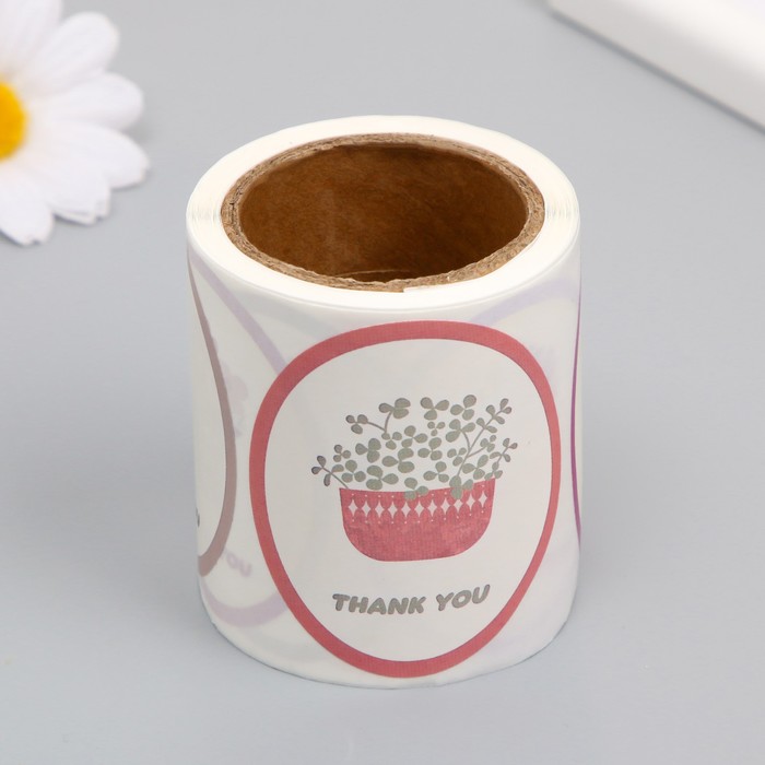 Наклейка бумага "Благодарность. Цветы в вазе" d=2,5 см 120 шт в рулоне 5,7х5,7х6 см