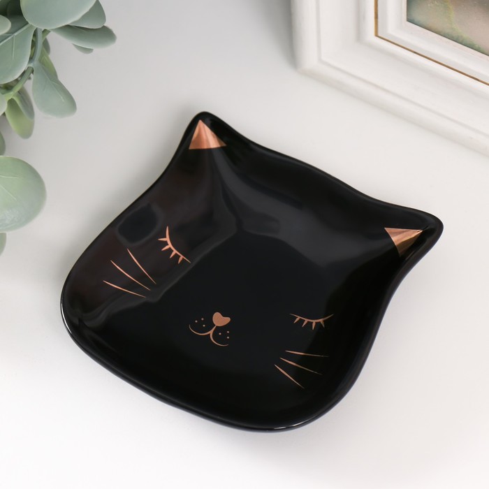 Сувенир керамика подставка под кольца "Довольная мордочка чёрного кота" 8х10х1,2 см - Фото 1