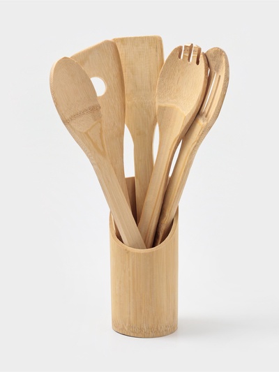 Набор кухонных принадлежностей Доляна «Бамбуковый лес», 5 предметов на подставке: 2 лопатки, 3 ложки