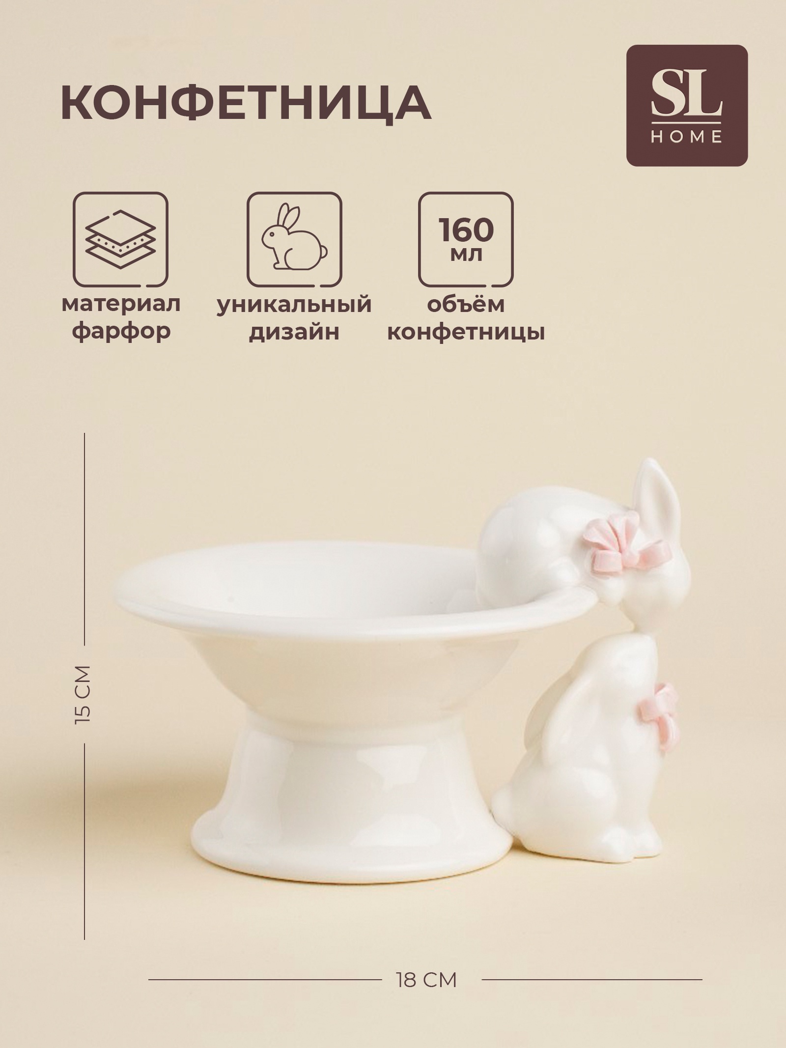 Конфетница SL Home «Лесные кролики», 160 мл, 18×15.5×12 см, фарфор, белая