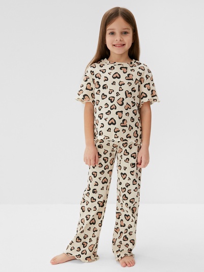 Пижама для девочки (футболка, брюки) KAFTAN: Leo love, бежевая, размер 30 (98-104 см)