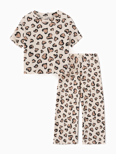 Пижама для девочки (футболка, брюки) KAFTAN: Leo love, бежевая, размер 34 (122-128 см)