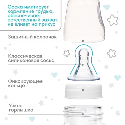 Бутылочка для кормления Крошка Я Basic «Медвежонок», классическое горло, от 3 мес., 250 мл., белый/бирюзовый