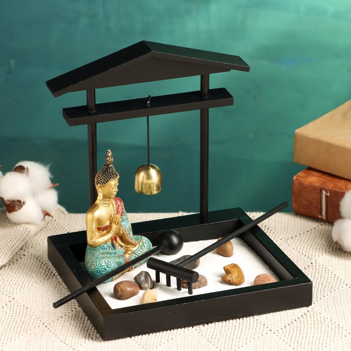 Японский сад камней настольный «Дзен. Минори», с колокольчиком, набор аксессуаров, 15×15×14 см - Фото 1