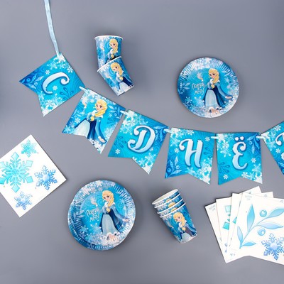 Посуда одноразовая бумажная «Холодная принцесса», 6 тарелок, 6 стаканов, 1 гирлянда, декор